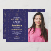 神秘的な誕生日ネイビー金ゴールドサンムーンパーティー写真 招待状 (正面/裏面)