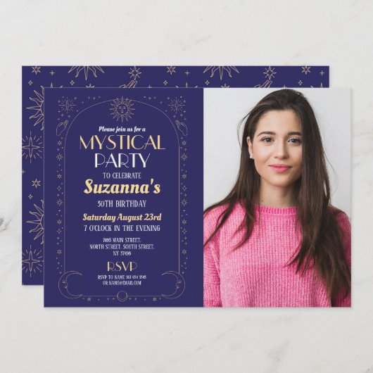 神秘的な誕生日ネイビー金ゴールドサンムーンパーティー写真 招待状 (正面/裏面)