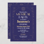神秘的な誕生日ネイビー金ゴールドサンムーンパーティー 招待状 (正面/裏面)