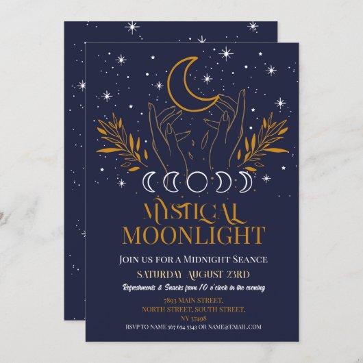 神秘的な誕生日ネイビー金ゴールドムーンセアンススピリッツ 招待状 (正面/裏面)