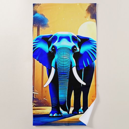 神秘的な象：日没の森の旅 ビーチタオル (正面)