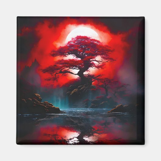神秘的な赤い木と満月 マグネット (正面)