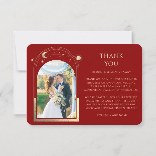 神秘的な赤金ゴールド太陽の月の星写真結婚の サンキューカード (正面)