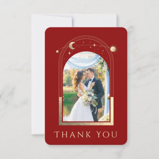 神秘的な赤金ゴールド太陽の月の星写真結婚の サンキューカード (正面)
