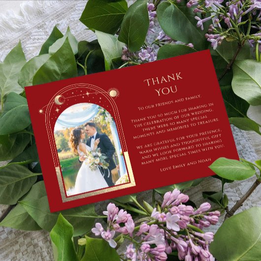 神秘的な赤金ゴールド太陽の月の星写真結婚の サンキューカード