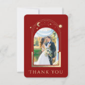 神秘的な赤金ゴールド星ムーンスターズ結婚写真 サンキューカード (正面)