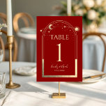 神秘的な赤金太陽月星天体ウェディング テーブルナンバー<br><div class="desc">神秘的なダークレッドゴールド太陽月星天文学ウェディングテーブルナンバーは、暗赤色の背景に金色の太陽、月、星のフレームを特徴としています。内部には、あなたのカスタムウェディング招待情報が表示されます。テキストボックスのテキストを編集してパーソナライズしてください。注：テーブルナンバーは1つずつカスタマイズし、個別にカートに追加してください。Evco Studioによって設計されました www.zazzle.com/store/evcostudio</div>