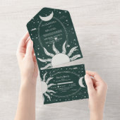 神秘的な銀と緑の太陽と月のウェディング オールインワン招待状 (貼ってはがせる)