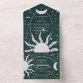 神秘的な銀と緑の太陽の結婚月 オールインワン招待状 (内側)