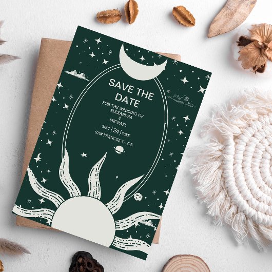 神秘的な銀と緑の太陽の結婚月 セーブザデート