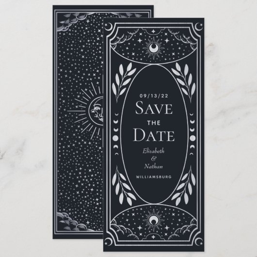 神秘的な銀の太陽と月 タロットカード 発表 招待状 (正面/裏面)