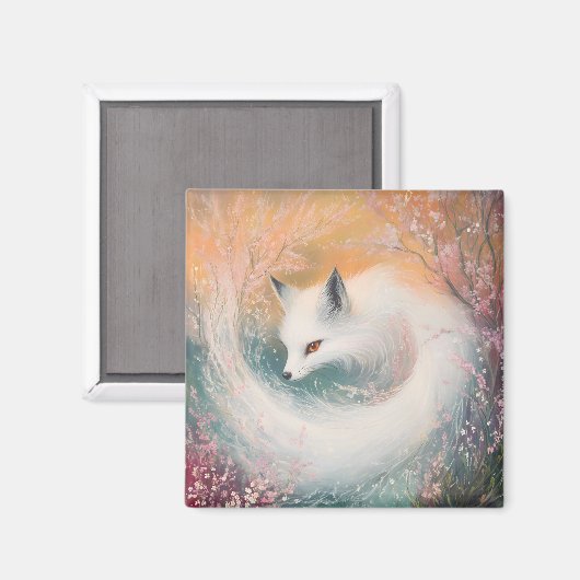神秘的な開花春キツネ水彩 マグネット (正面/裏面)