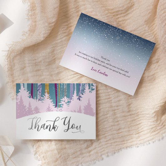 神秘的な雪の木の冬の木パープルブルーシルバー サンキューカード