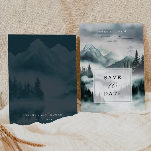 神秘的な霧の山の森は日付を保存 招待状