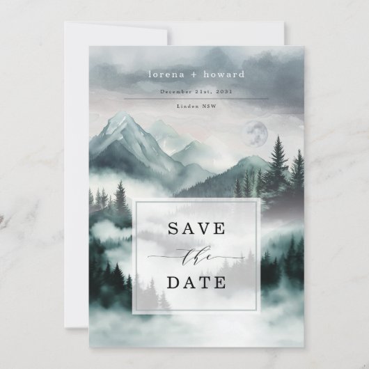 神秘的な霧の山の森は日付を保存 招待状 (正面)