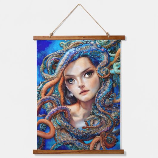 神秘的な青いタコの渦巻き |ファンタジー女神アート 吊り下げ型タペストリー (正面)