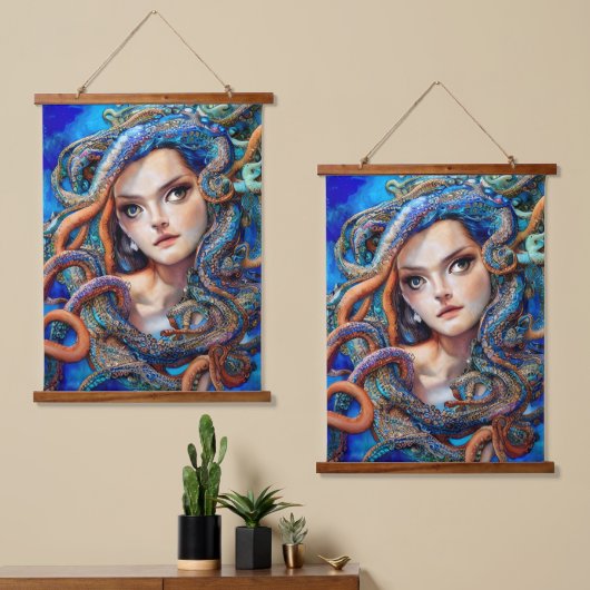 神秘的な青いタコの渦巻き |ファンタジー女神アート 吊り下げ型タペストリー (非対称)