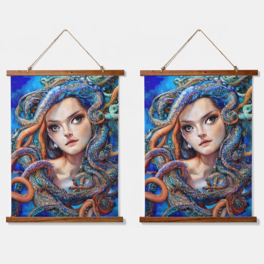 神秘的な青いタコの渦巻き |ファンタジー女神アート 吊り下げ型タペストリー (ダブル)