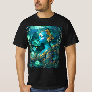 神秘的な青い女神の幻想芸術Tシャツ | エーテル Tシャツ