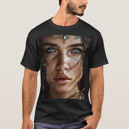 神秘的な青い目の女性ポートレートTシャツ Tシャツ (正面)