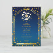 神秘的な青と金の天体星の結婚式 招待状 (スタンド正面)