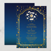神秘的な青と金の天体星の結婚式 招待状 (正面/裏面)