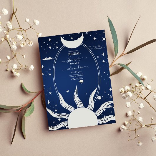 神秘的な青と銀の太陽と月 招待状