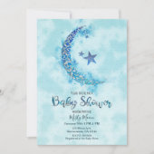 神秘的な青と銀の水彩ハーフルナームーン 招待状 (正面)