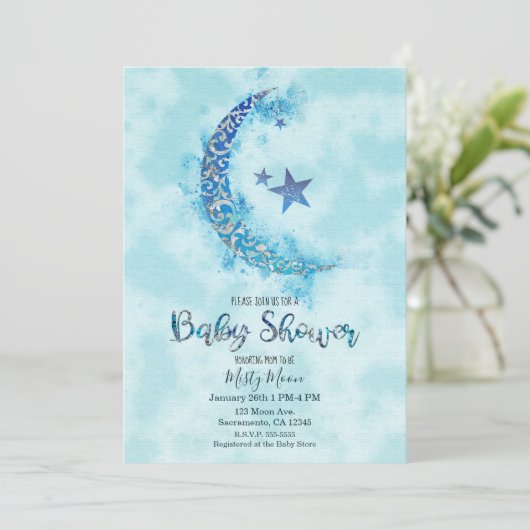 神秘的な青と銀の水彩ハーフルナームーン 招待状 (スタンド正面)
