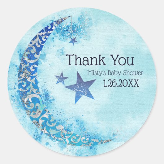 神秘的な青と銀の水彩半月月 ラウンドシール (正面)