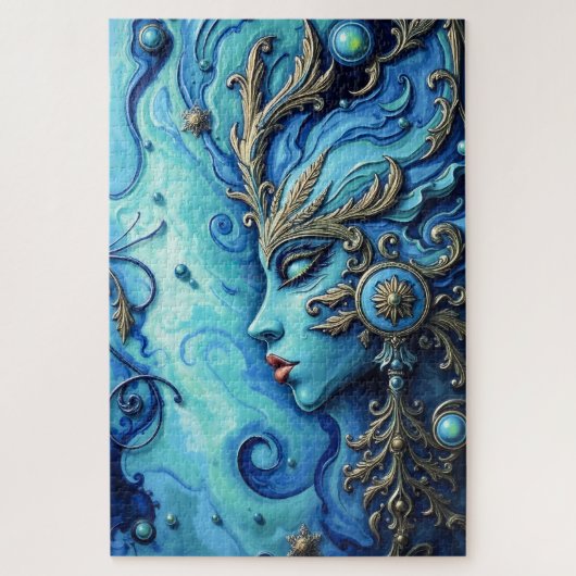 神秘的な青の女神アート – 華美金ゴールド詳細 ジグソーパズル (縦)