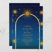神秘的な青金ゴールド天結婚星のインビタ 招待状 (正面/裏面)