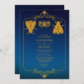 神秘的な青金ゴールド天結婚星 招待状 (正面/裏面)