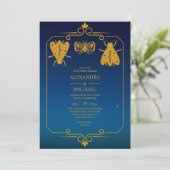 神秘的な青金色の天体星のウェディング 招待状 (スタンド正面)