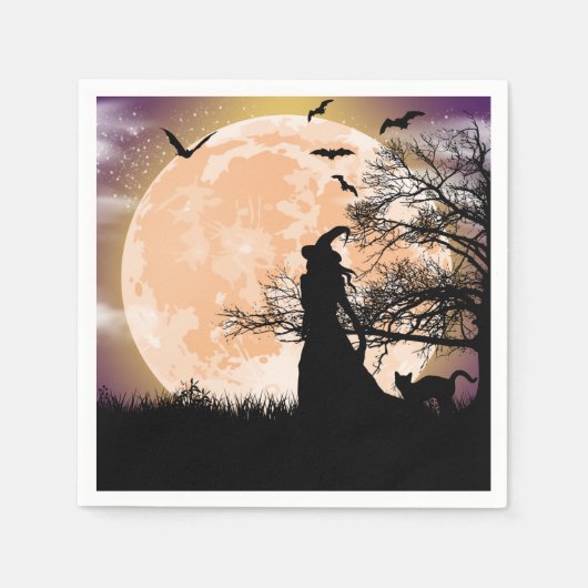 神秘的な魔女と猫の満月 スタンダードカクテルナプキン (正面)