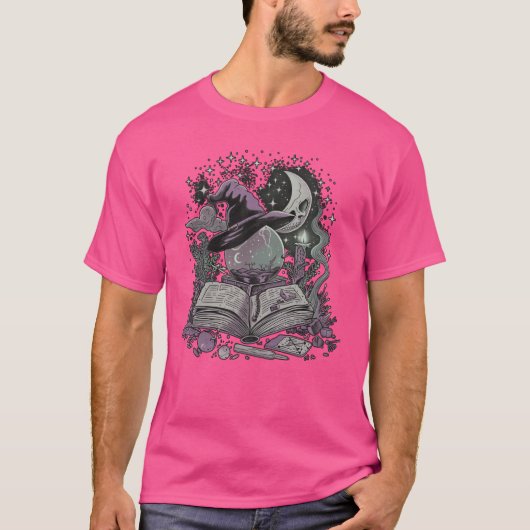 神秘的な魔女の帽子とクリスタルボール魔女アート Tシャツ (正面)