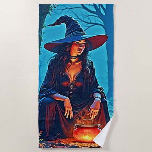 神秘的な魔女の鍋の魔法 ビーチタオル (正面)