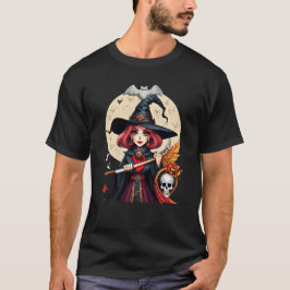 神秘的な魔女ハロウィーンアートとスカルと月 Tシャツ