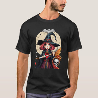 神秘的な魔女ハロウィーンアートとスカルと月 Tシャツ