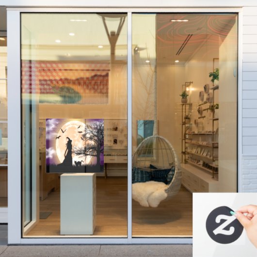 神秘的な魔女、黒猫、満月 ウィンドウサイン (店舗窓)