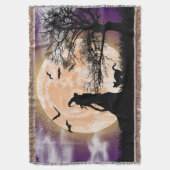 神秘的な魔女、黒猫、満月 スローブランケット (正面縦)