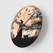 神秘的な魔女、黒猫、満月 ラウンド壁時計 (傾斜)
