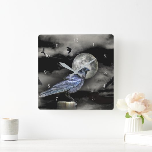 神秘的な魔法のカラスまたはカラスと月 スクエア壁時計 (ホーム)