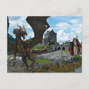 神秘的な魔法使いとドラゴンの城の風景 ポストカード