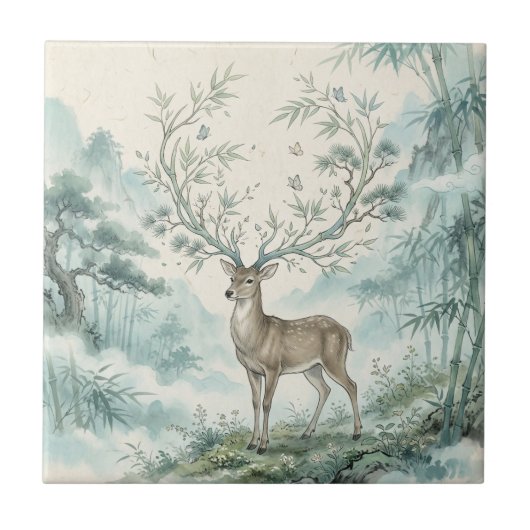 神秘的な鹿の森の水彩画アート タイル (正面)