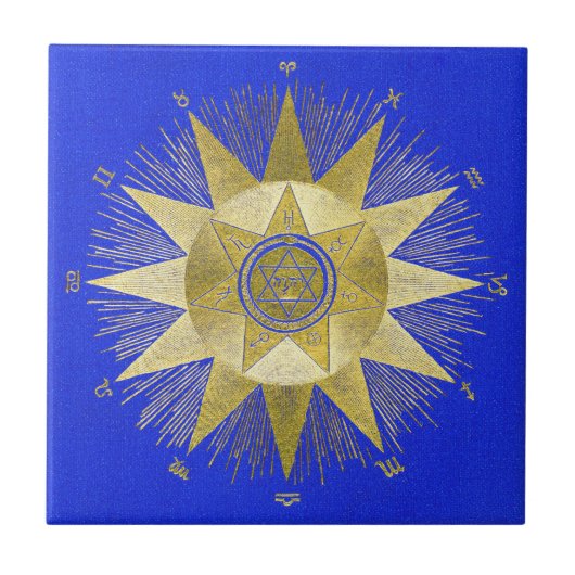 神秘的な黄金の十二星座太陽バースト占星術アート タイル (正面)