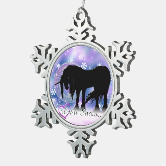 神秘的な黒い一角獣（雪を降らせる） スノーフレークピューターオーナメント (右)