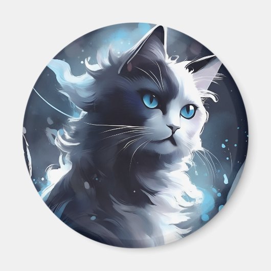 神秘的な黒と白の子猫 | 水彩画の猫 マグネット (正面)