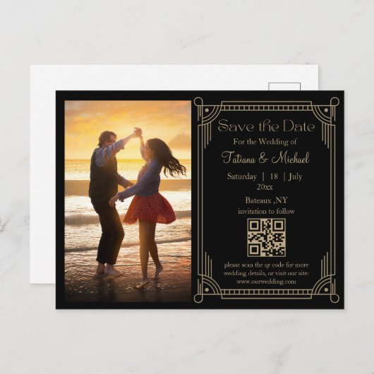 神秘的な黒の黄金のqrコード写真を保存する日付 案内ポストカード (正面/裏面)