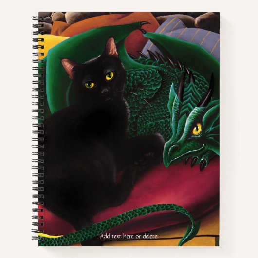神秘的な黒猫とエメラルドグリーンのドラゴンの幻想画 ノートブック (正面)